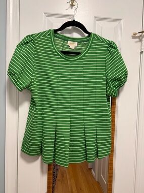 Anthropologie Green and White Striped Pleated Puff-Sleeve Top